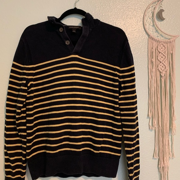 Navy blue and yellow striped sweater. - Picture 1 of 3
